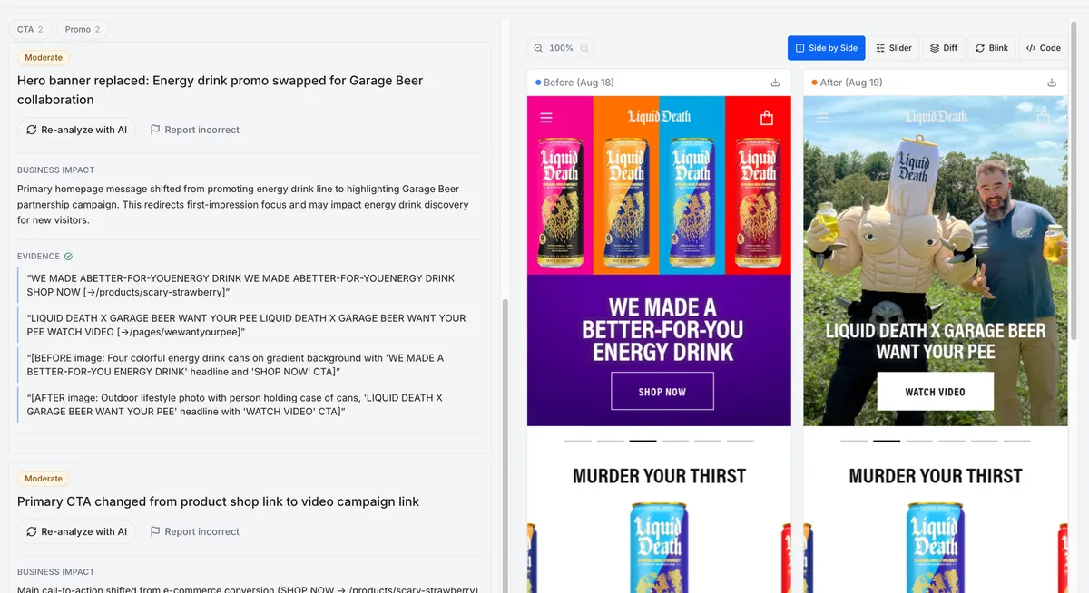 URL Love It showing a before and after snapshot of a homepage, with an AI summary of what changed